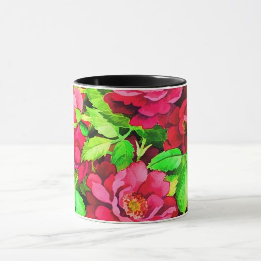 Mug Fleurs rouges Peinture Feuille verte (Centre)