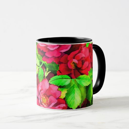 Mug Fleurs rouges Peinture Feuille verte (Devant droit)