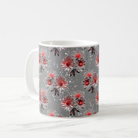 Mug Fleurs rouges sur gris (Devant gauche)