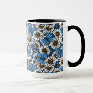 Mug Fleurs sauvages blanches et papillons bleus