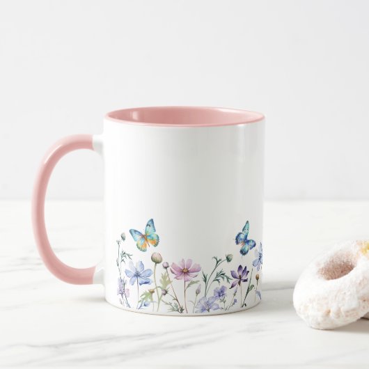 Mug Fleurs sauvages et papillons bordure (Avec donut)