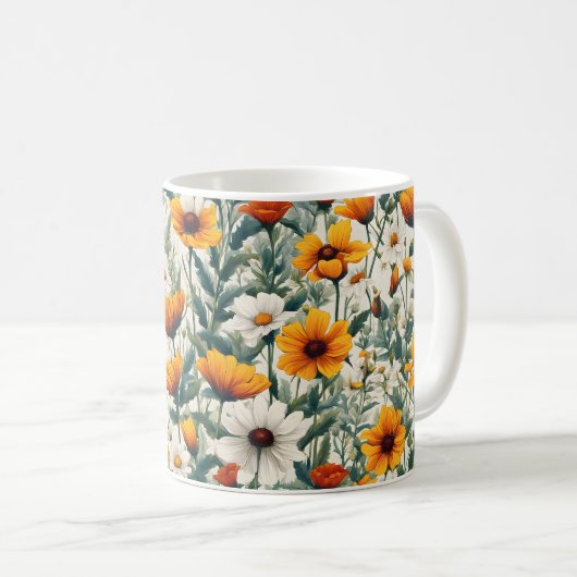 Mug Fleurs sauvages or et blanc (Devant droit)