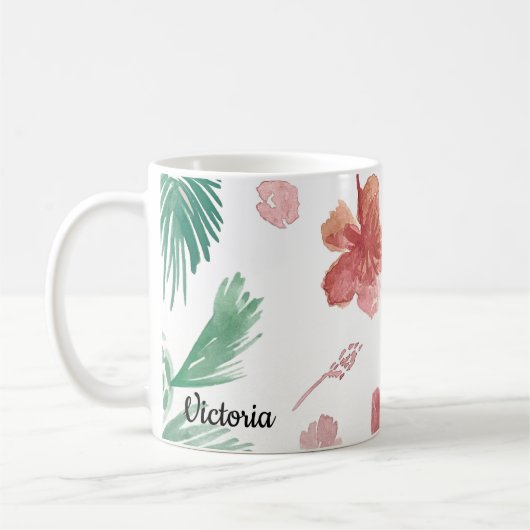 Mug Fleurs Tropicales Aquarelle Nom de Maman (Gauche)