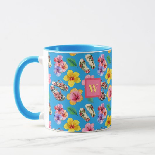 Mug Fleurs tropicales avec FlipFlops Monogramme rose s (Gauche)