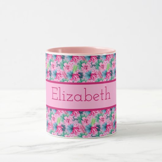 Mug Fleurs tropicales rose vert bleu Monogramme (Centre)