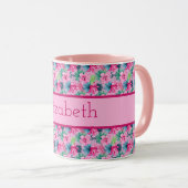Mug Fleurs tropicales rose vert bleu Monogramme (Devant droit)