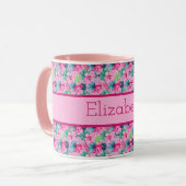 Mug Fleurs tropicales rose vert bleu Monogramme (Devant gauche)