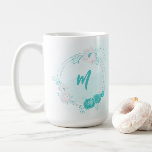 Mug fleurs turquoise romantiques (Avec donut)