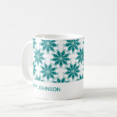 Mug fleurs turquoises nom personnalisé blanc (Devant gauche)