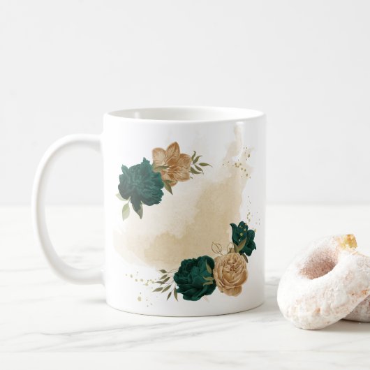 Mug fleurs vert émeraude et or beige (Avec donut)
