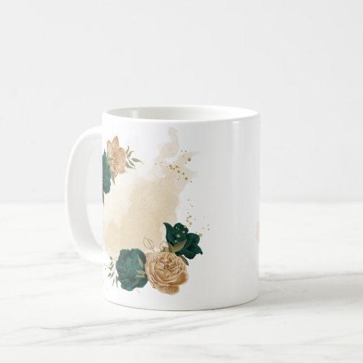 Mug fleurs vert émeraude et or beige (Devant gauche)