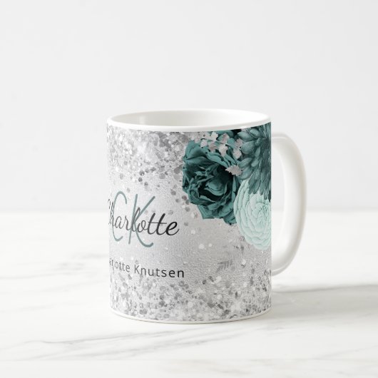 Mug Fleurs vertes d'argent élégant nom monogramme (Devant droit)