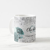 Mug Fleurs vertes d'argent élégant nom monogramme (Devant gauche)