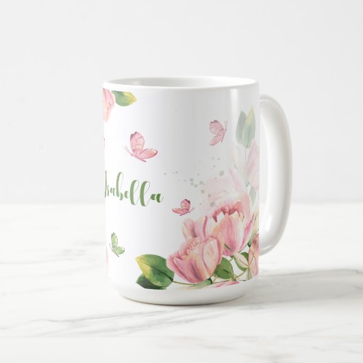 Mug fleurs vertes papillons rose chaud (Devant droit)