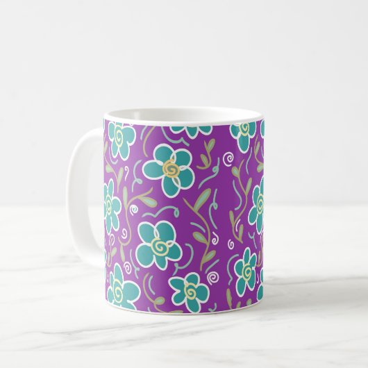 Mug Fleurs vertes sur design pourpre (Devant gauche)