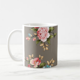 Mug Fleurs vintages roses et bleues avec vert et crème