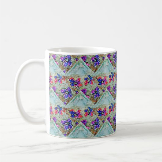 Mug Fleurs violettes et bleues Carrés Zigzags (Gauche)