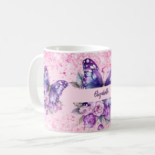 Mug Fleurs violettes roses papillon (Devant gauche)