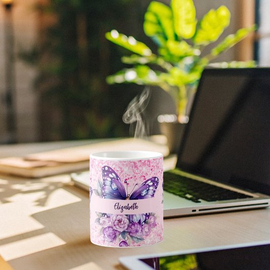 Mug Fleurs violettes roses papillon