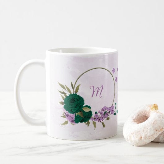 Mug fleurs violettes vert émeraude  (Avec donut)