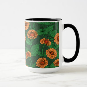 Mug Fleurs Zinnia orange, feuilles verts sur vert fonc