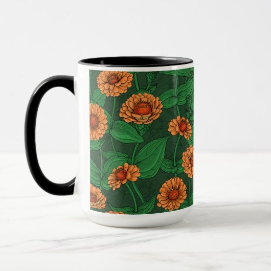 Mug Fleurs Zinnia orange, feuilles verts sur vert fonc (Gauche)
