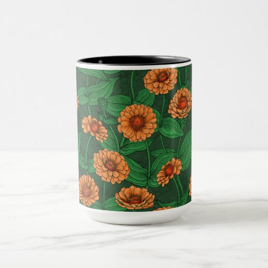 Mug Fleurs Zinnia orange, feuilles verts sur vert fonc (Centre)
