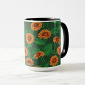 Mug Fleurs Zinnia orange, feuilles verts sur vert fonc (Devant droit)