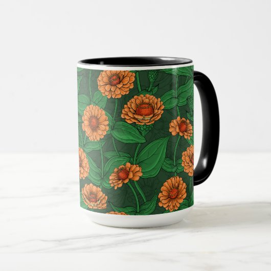 Mug Fleurs Zinnia orange, feuilles verts sur vert fonc (Devant droit)
