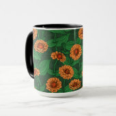 Mug Fleurs Zinnia orange, feuilles verts sur vert fonc (Devant gauche)