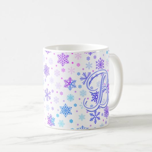 Mug Flocon de neige Pastel rose et bleu élégant Monogr (Devant droit)