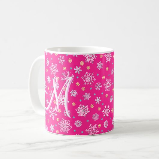 Mug Flocs de neige rose rose chaud rose moderne Monogr (Devant gauche)