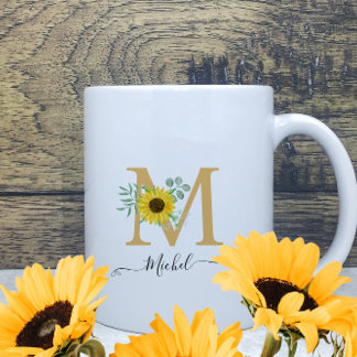 Mug Floral Aquarelle Fleurs de soleil Nom du monogramm