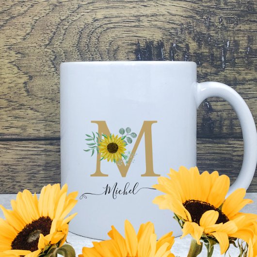 Mug Floral Aquarelle Fleurs de soleil Nom du monogramm