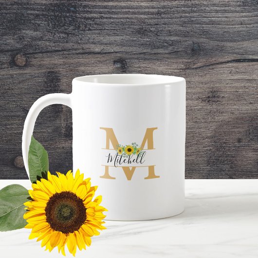 Mug Floral Aquarelle Fleurs de soleil Nom du monogramm