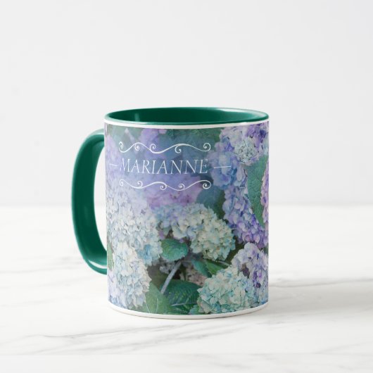 Mug Floral Blue Hydrangea Monogramme Nom Script (Devant gauche)