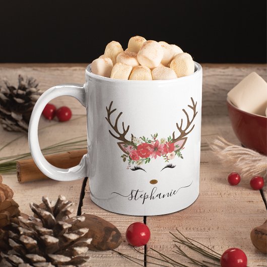 Mug floral de rennes de Noël personnalisé