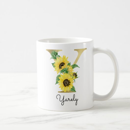 Mug Floral de tournesol d'or monogramme Y initial (Droite)