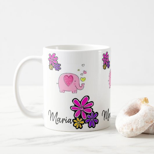Mug floral d'éléphant rose (Avec donut)