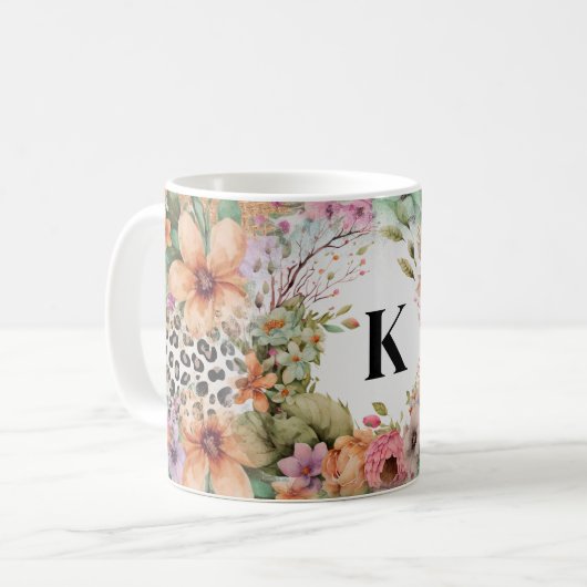 Mug Floral Empreinte de léopard monogramme (Devant gauche)