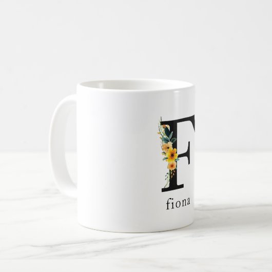 Mug Floral F monogramme avec nom modifiable (Devant gauche)