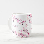 Mug Floral Fleur de cerisier Monogramme rose blanc (Devant gauche)
