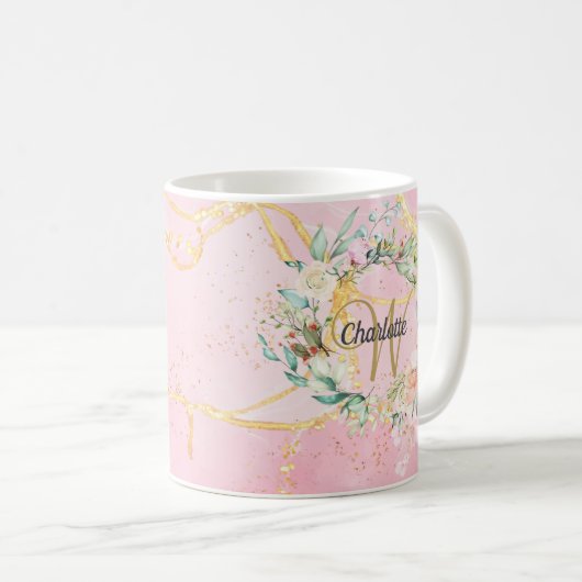 Mug Floral Gold Script Monogramme rose Géode Agate (Devant droit)