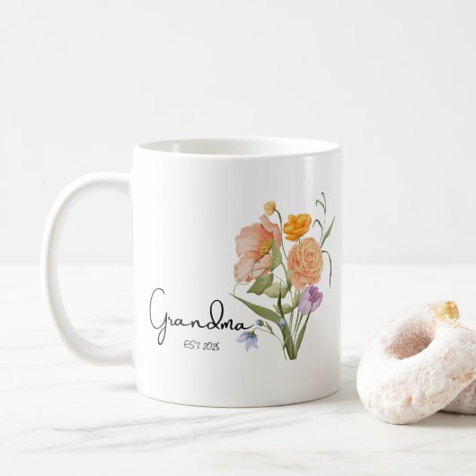 Mug Floral Grandma Est 2025, Cadeaux Faire-part bébé (Avec donut)