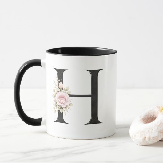 Mug Floral Letter H Monogram | Elegant Initial H Logo (Avec donut)
