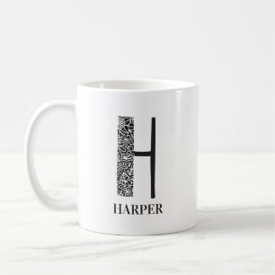 Mug Floral moderne noir et blanc initial