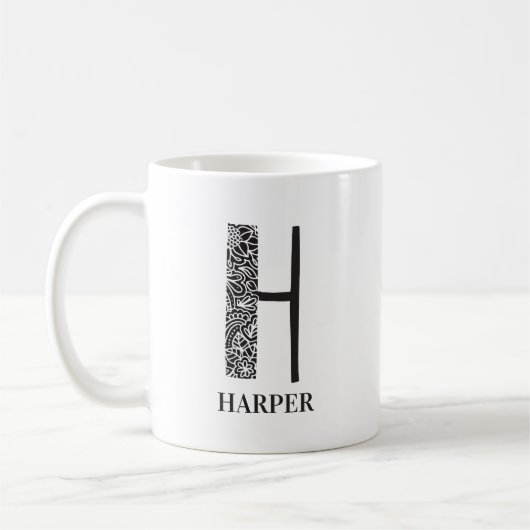 Mug Floral moderne noir et blanc initial (Gauche)