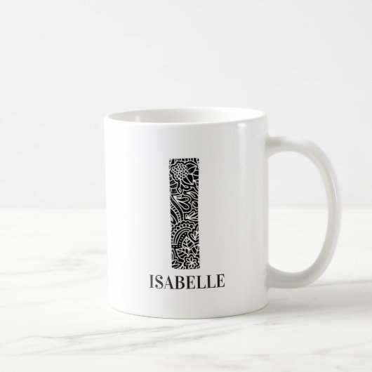 Mug Floral moderne noir et blanc initial I et nom (Droite)