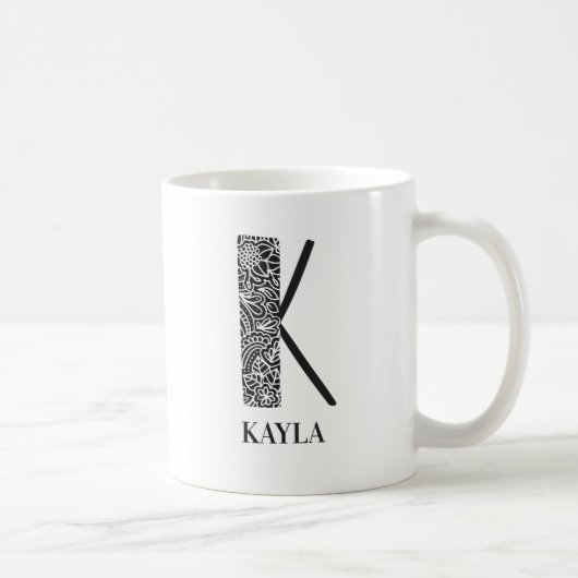 Mug Floral moderne noir et blanc Initiale K et Nom (Droite)