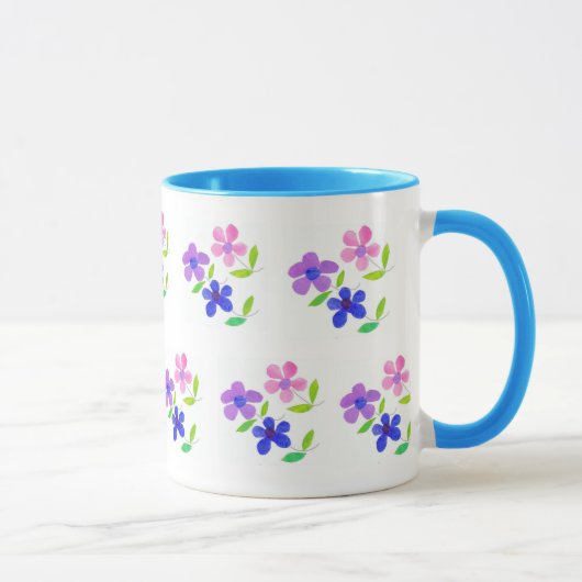 Mug Floral moderne, rose, bleu, mauve, vert sur blanc (Droite)